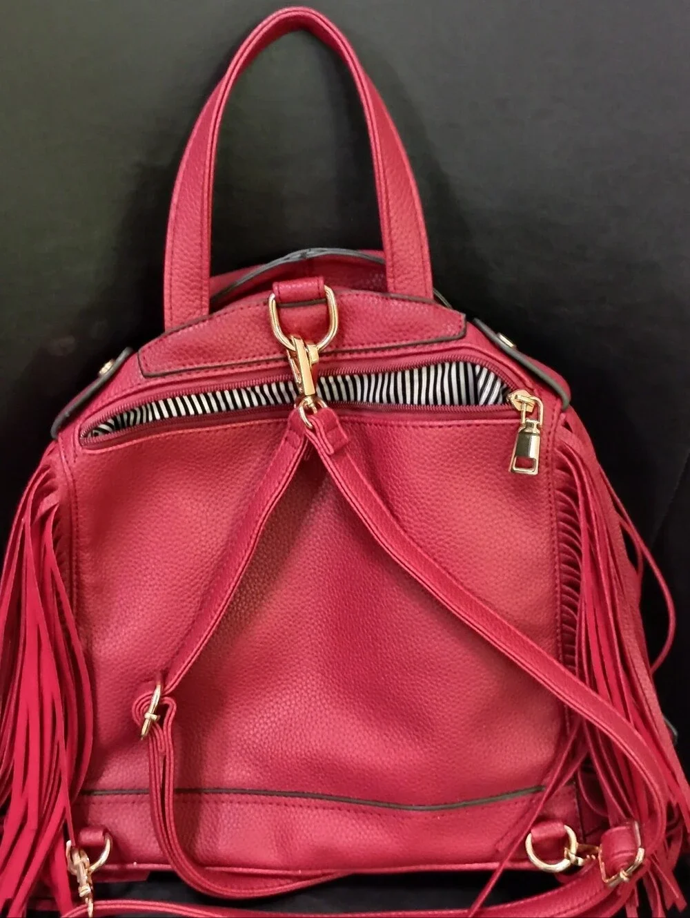 Fringed Faux Leather Moto Tote Bag in Red